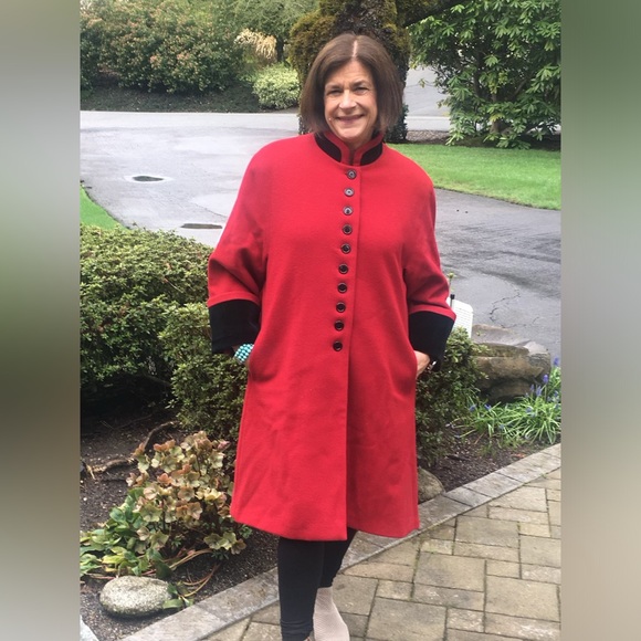 Vintage Sieberts Red/Black Trim Long Wool Flared Swing Coat Woman's Size 16 - Picture 15 of 15